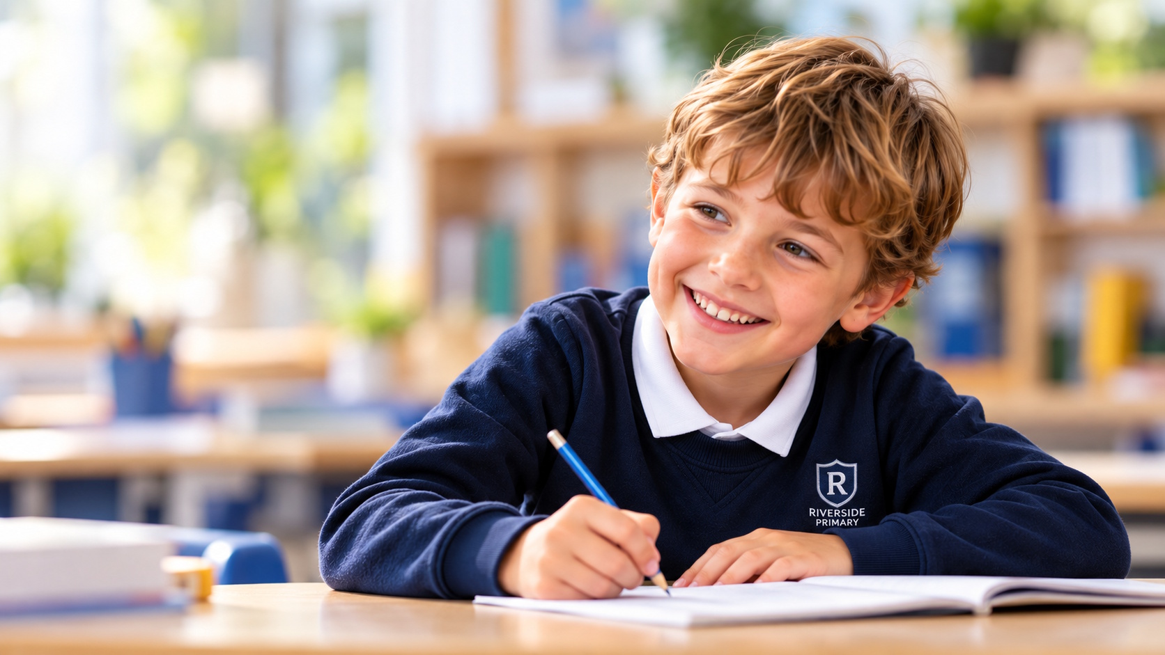 Primary school child writing in a notebook