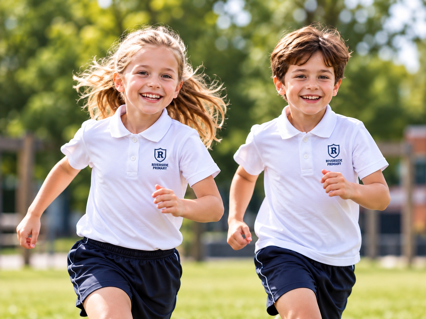 Children running in school PE polo shirts