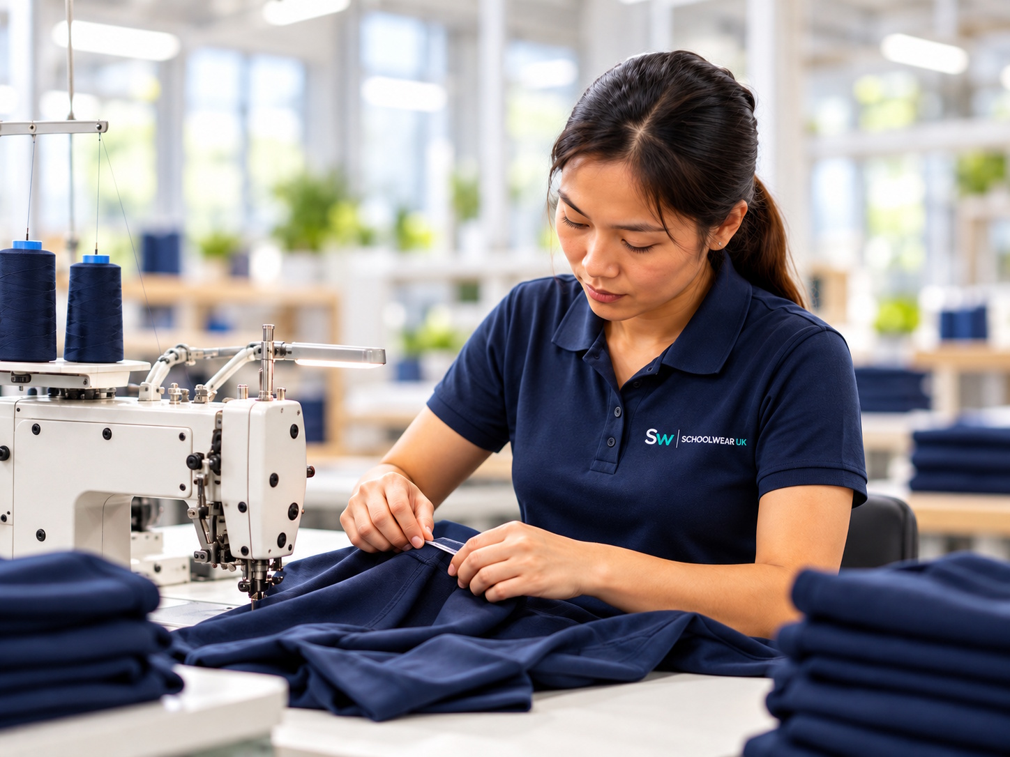 Schoolwear UK team member preparing a garment for embroidery